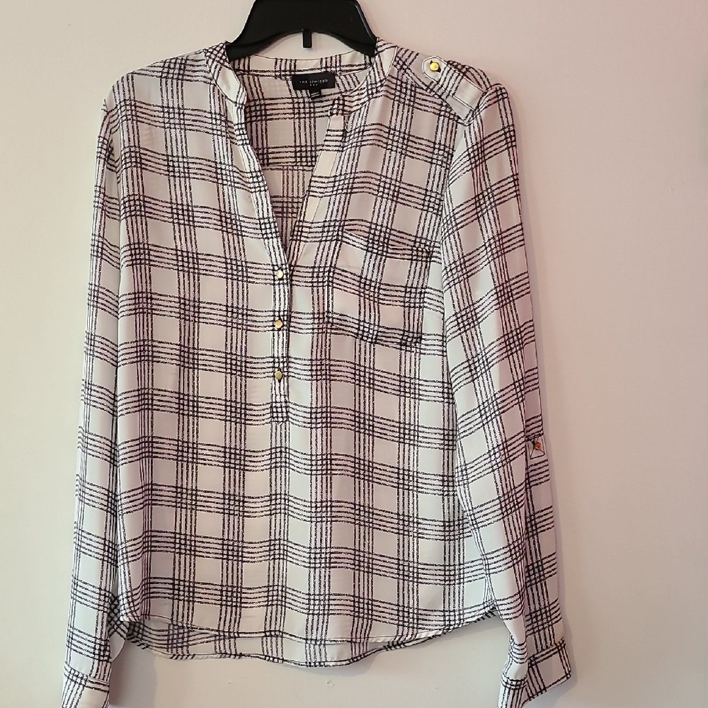 The Limited Black and Cream Relaxed Blouse with Mandarin Collar